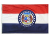 red, white, and blue striped flag with the state emblem in the center with stars around it