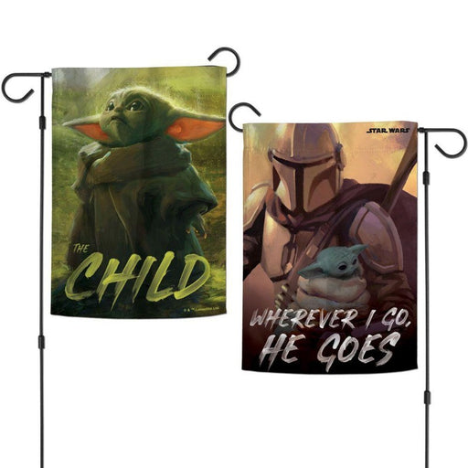 double designed garden flag with a grogu picture on one side and a different image with grogu on the other