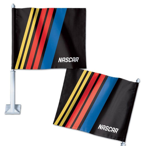 black car flag with nascar logo across the flag and the word "NASCAR" at the bottom; double sided