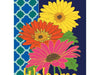 large gerber daisies on patterned background and "welcome" at the bottom flag