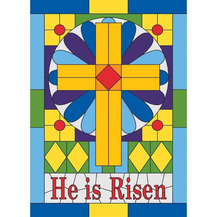 stained glass themed banner with cross in the center and text saying "he is risen"