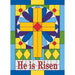 stained glass themed banner with cross in the center and text saying "he is risen"