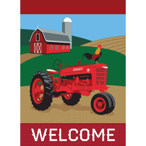 country themed garden flag with a barn rooster and tractor