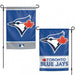 blue garden flag with two different designs; both toronto blue jays themed