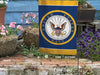 garden flag on stand with navy logo in the center