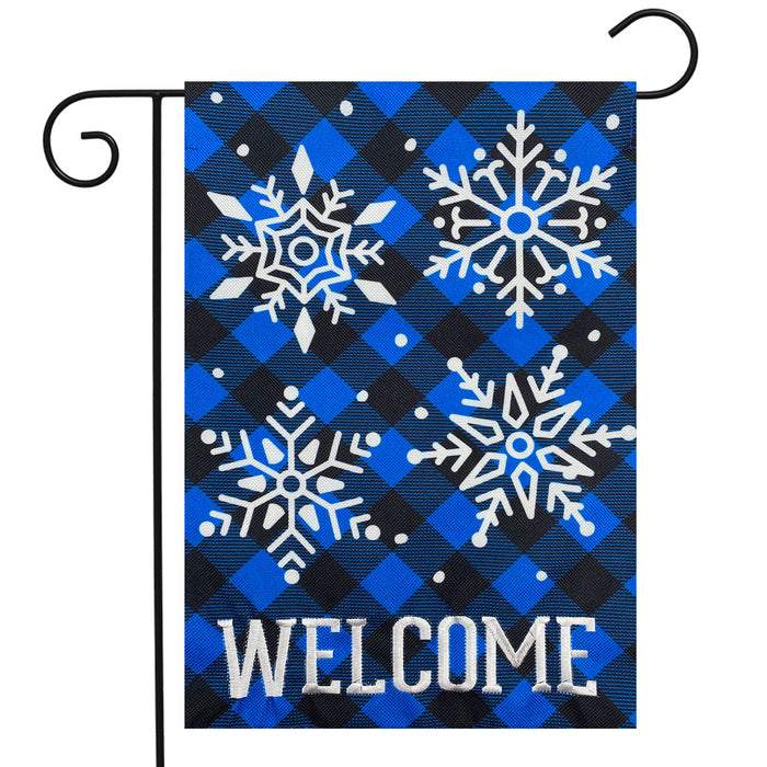Checkered Snowflakes Applique Burlap Garden Flag