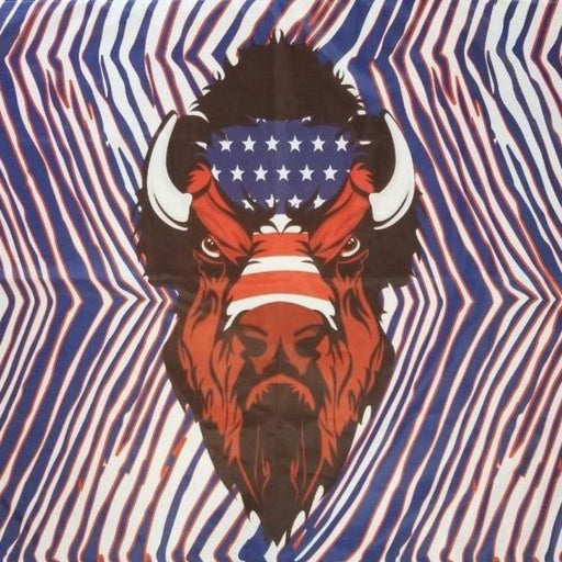 RED, WHITE, AND BLUE ZUBAZ FLAG WITH BUFFALO HEAD AND AMERICAN FLAG IN THE CENTER