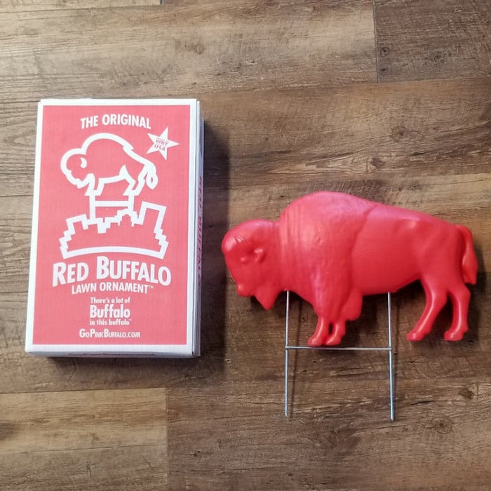 RED BUFFALO LAWN ORNAMENT SHOWN WITH STAKE