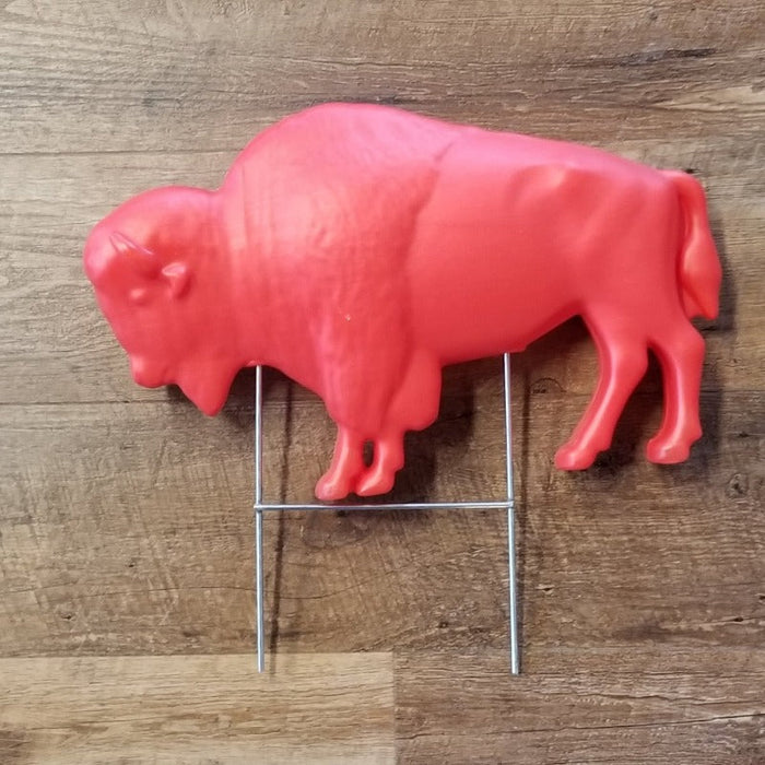 RED BUFFALO LAWN ORNAMENT SHOWN WITH STAKE