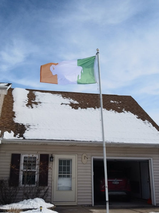 GREEN WHITE AND ORANGE IRELAND FLAG WITH A WHITE STANDING BUFFALO IN THE CENTER ON A FLAGPOLE