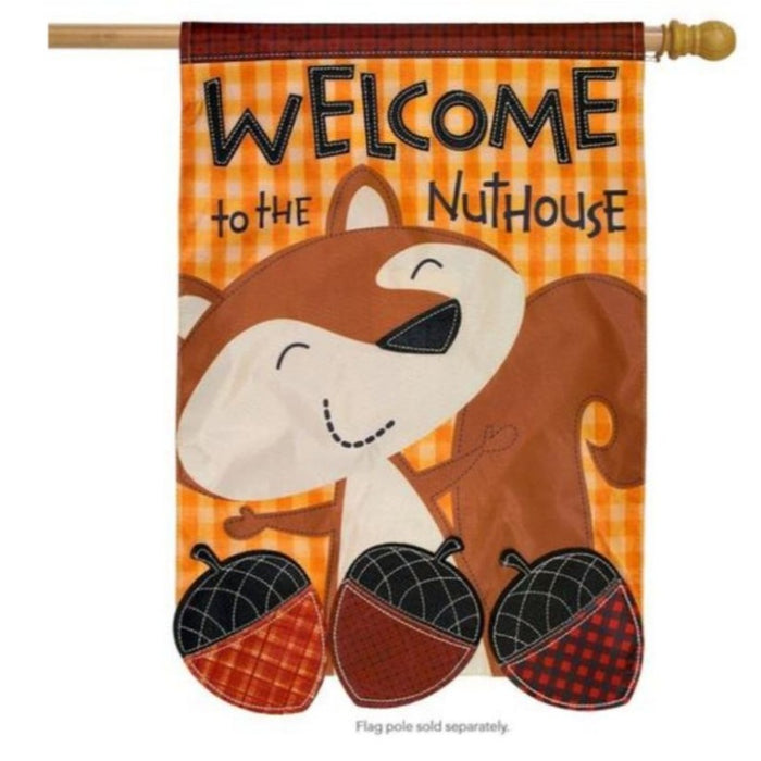 squirrel with acorns autumn plaid flag that says "welcome to the nuthouse"