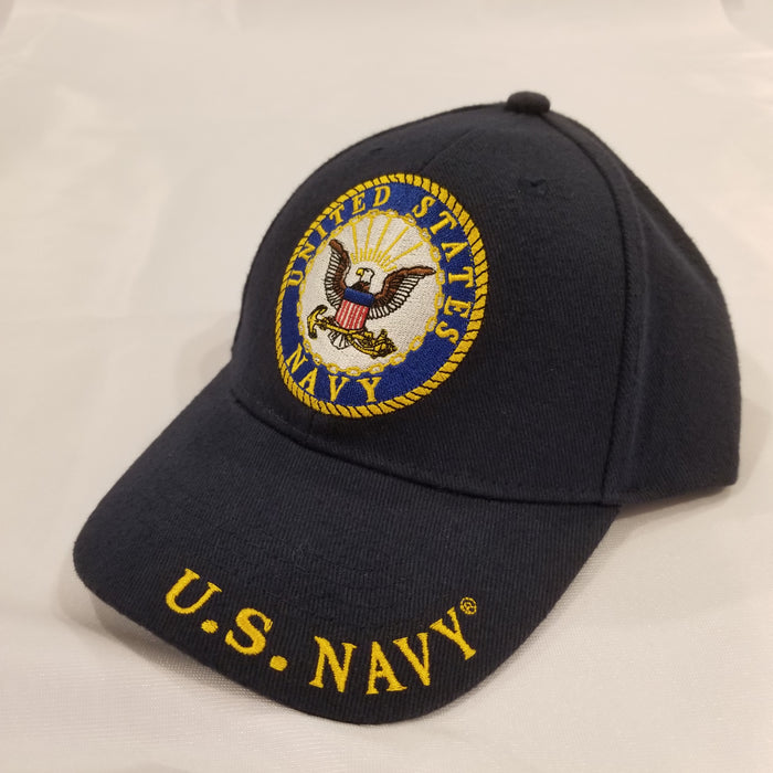 us navy embroidered emblem on navy blue hat