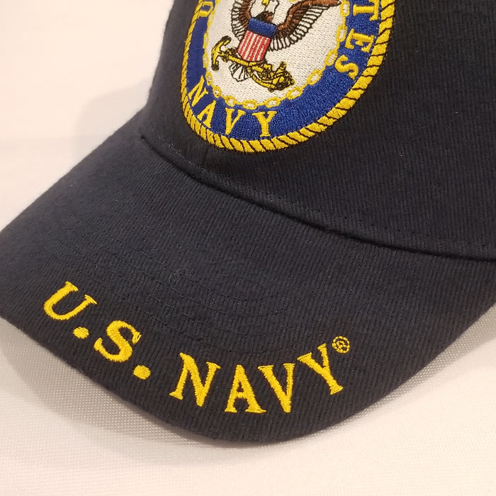 us navy embroidered emblem on navy blue hat