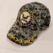navy seal embroidered on blue camo hat with by sea air and land on brim