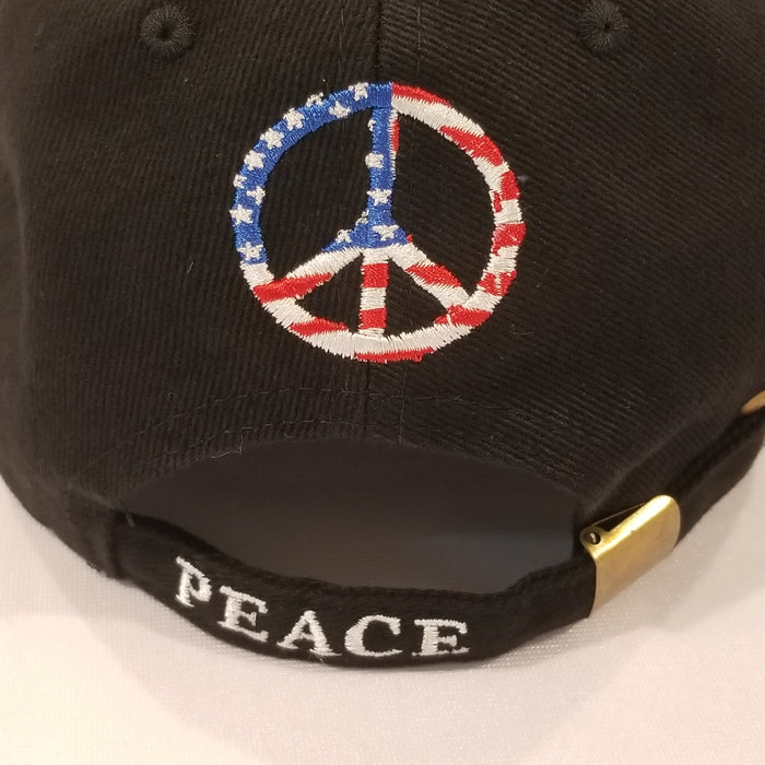 black hat with patriotic peace symbol give peace a chance