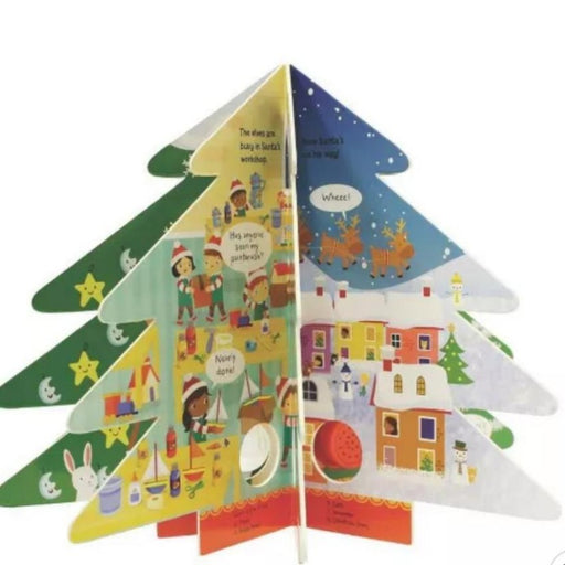 FRONT COVER OF A BOOK SHAPED LIKE A CHRISTMAS TREE WITH VARIOUS ORNAMENTS AND BUTTON FOR PLAYABLE MUSIC
