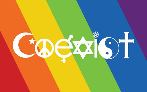 RAINBOW DIAGONAL STRIPED FLAG WITH THE "COEXIST" MADE OF DIFFERENT PEACE SYMBOLS