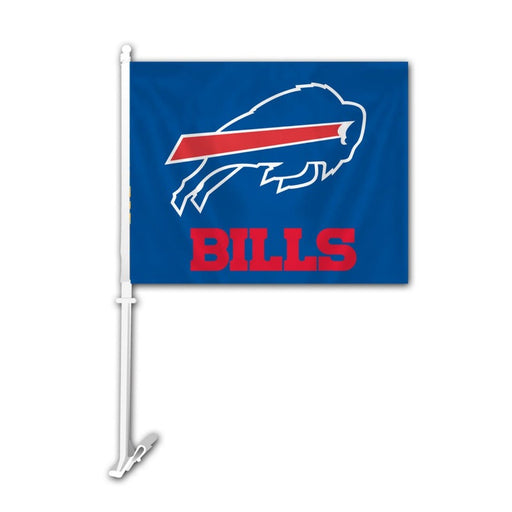blue bills car flag with charging buffalo logo and the word "BILLS"