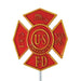 red grave marker with aluminum rod in the back; has the words "US FIRE FIGHTER" in the center and "FD" on the bottom with symbols around the sides