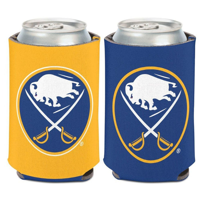 buffalo sabres can cooler on both sides of the cooler; one side has a yellow background and the other is a royal blue