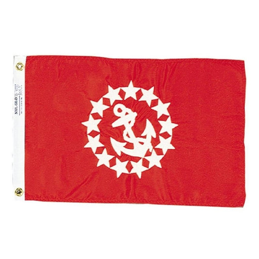 RED BACKGROUND FLAG WITH EMBROIDERED WHITE STARS IN A CIRCLE AROUND AN ANCHOR