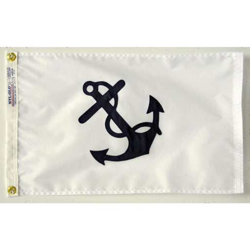 white flag with blue anchor in the center