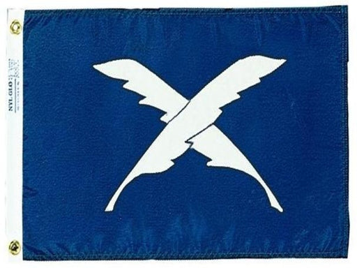 BLUE FLAG WITH WHITE FEATHER PENS IN THE CENTER