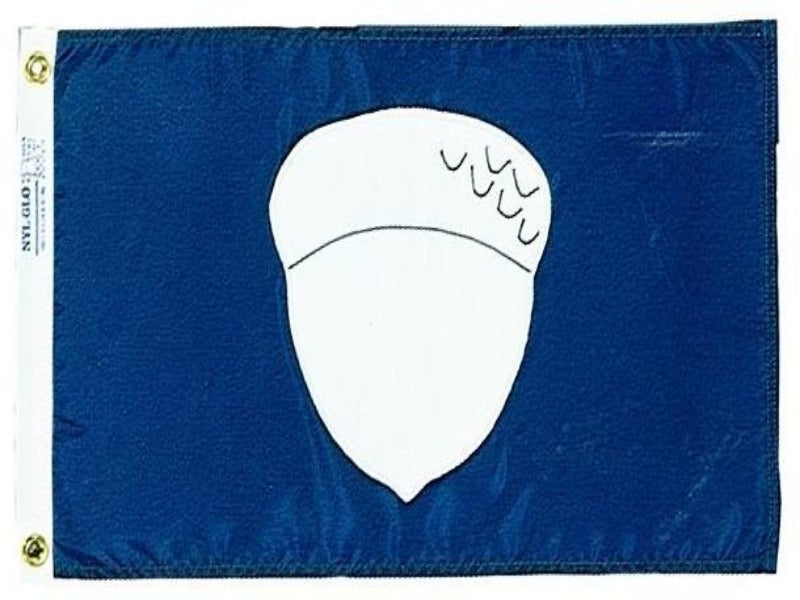 BLUE FLAG WITH A WHITE ACORN IN THE CENTER