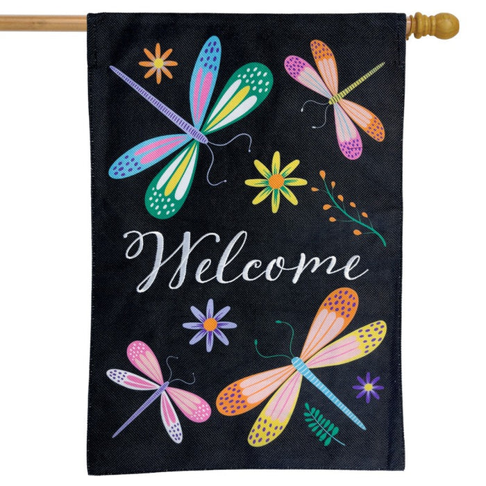 Colorful Dragonflies Burlap Banner Flag