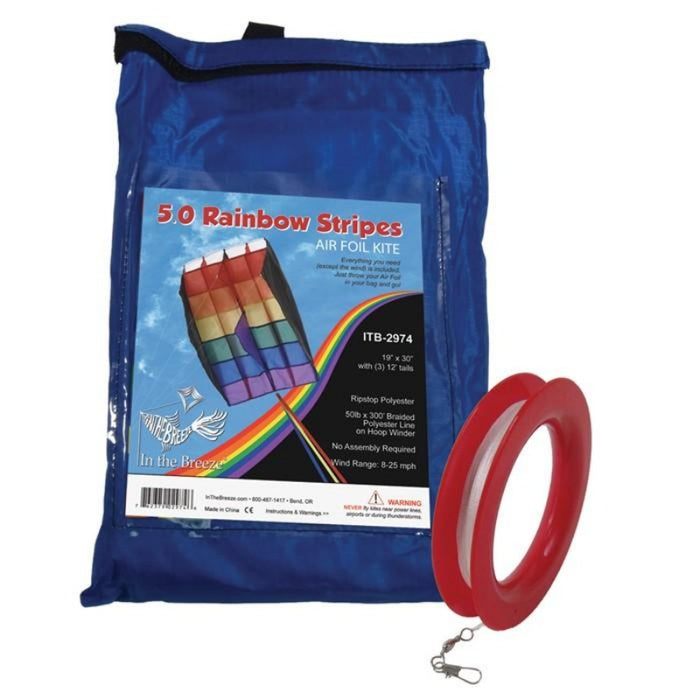 5.0 Rainbow Stripes Air Foil Box Kite package with hoop of string