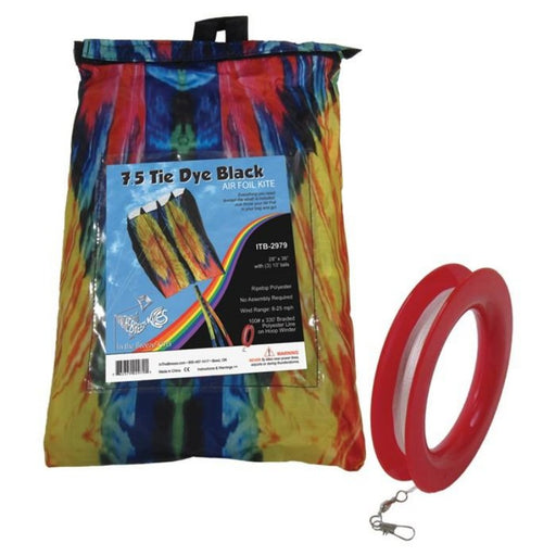 7.5 Tie Dye Black Air Foil Box Kite package shown with hoop of kite string