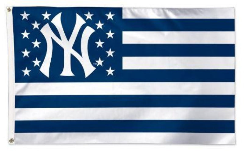 american flag themed yankees flag with the stripes alternating blue and white and the yankees logo in the canton