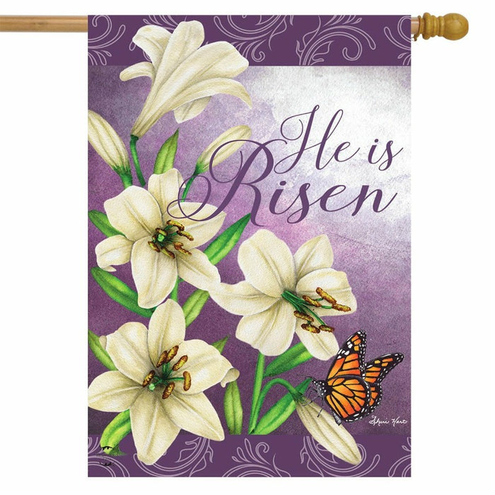 purple flag with white lilies and the words "he is risen"