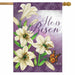 purple flag with white lilies and the words "he is risen"