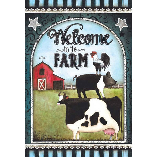 flag with a barn, cow, pig, and chicken with text saying "welcome to the farm"