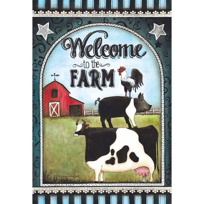flag with a barn, cow, pig, and chicken with text saying "welcome to the farm"