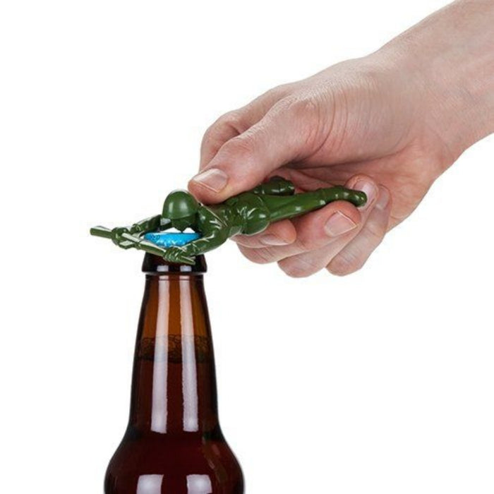 Green Soldier Bottle Opener in use