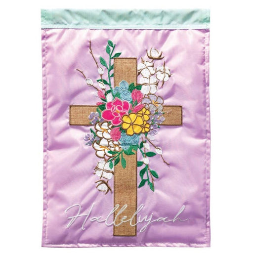 Hallelujah Cross Cotton-Blossom Applique Garden Flag