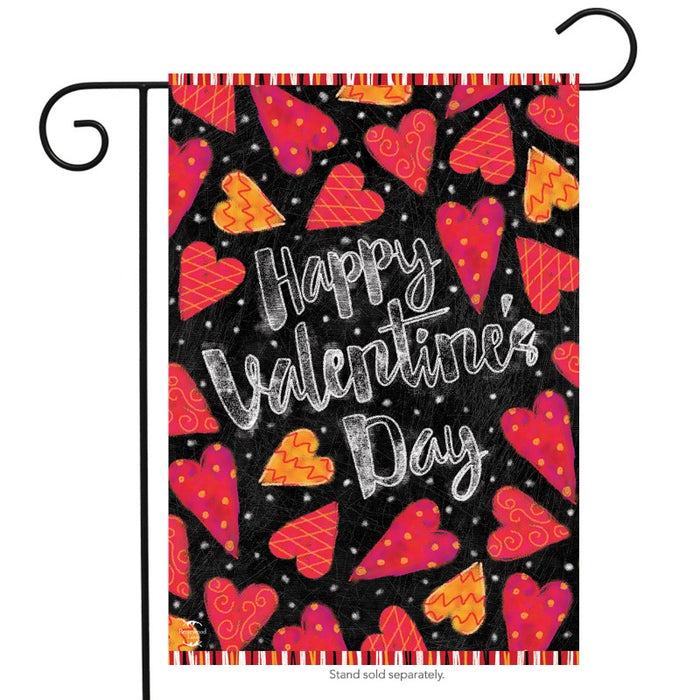 black flag with pink and orange hearts and the text "happy valentine's day"