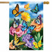 blue sky background flag with various butterflies and flowers