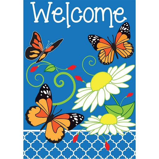 monarch butterflies and daisies with a blue background garden flag