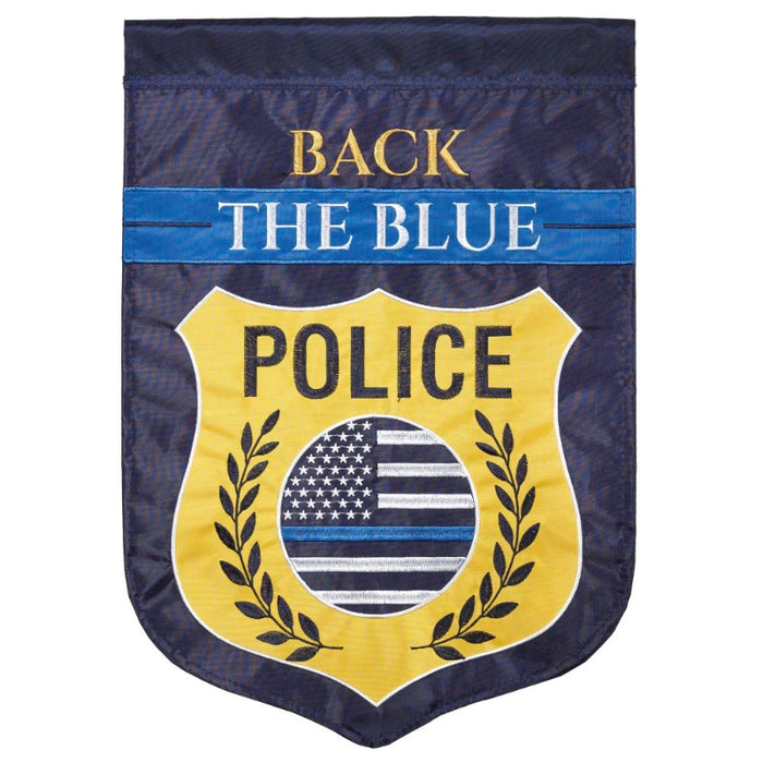 police themed badge garden flag with the words "back the blue; police"
