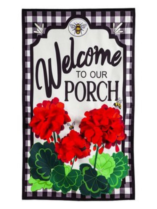 gingham print background flag with geraniums and bees with the text "welcome to our porch"