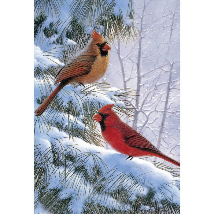 two birds in snowy pine tree flag