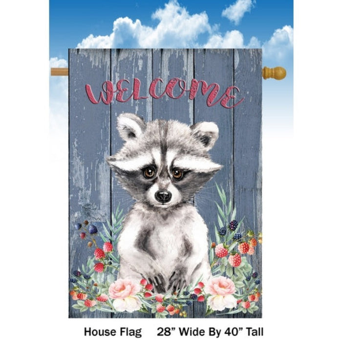 Raccoon on Blue Welcome Banner Flag