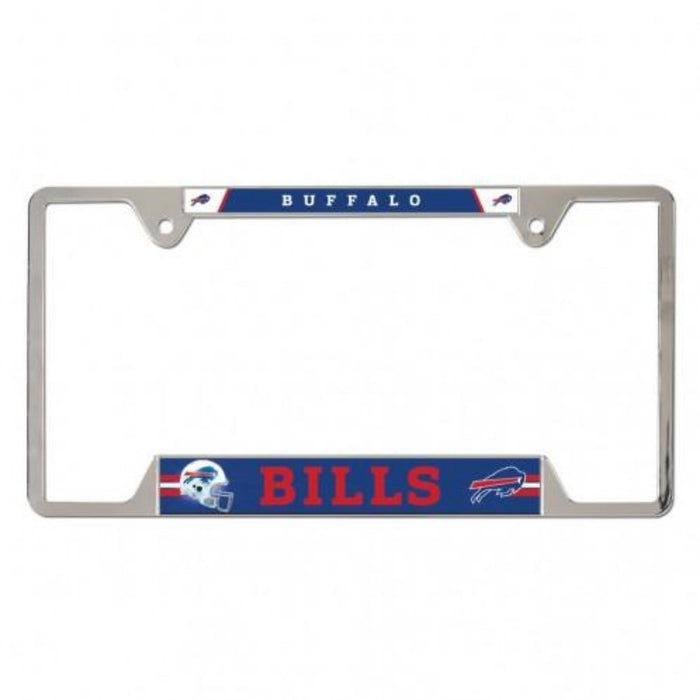 metal license plate frame with the bills logo across the top and bottom