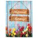 barn look flag with colorful tulips and a sign reading "welcome spring"