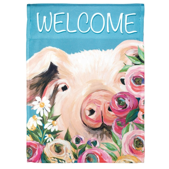 Welcome Pig Floral Garden Flag