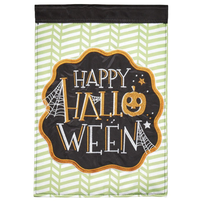 green and white flag with a box saying "happy halloween"