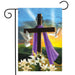 sunset on a flag with a cross and white doves and lilies